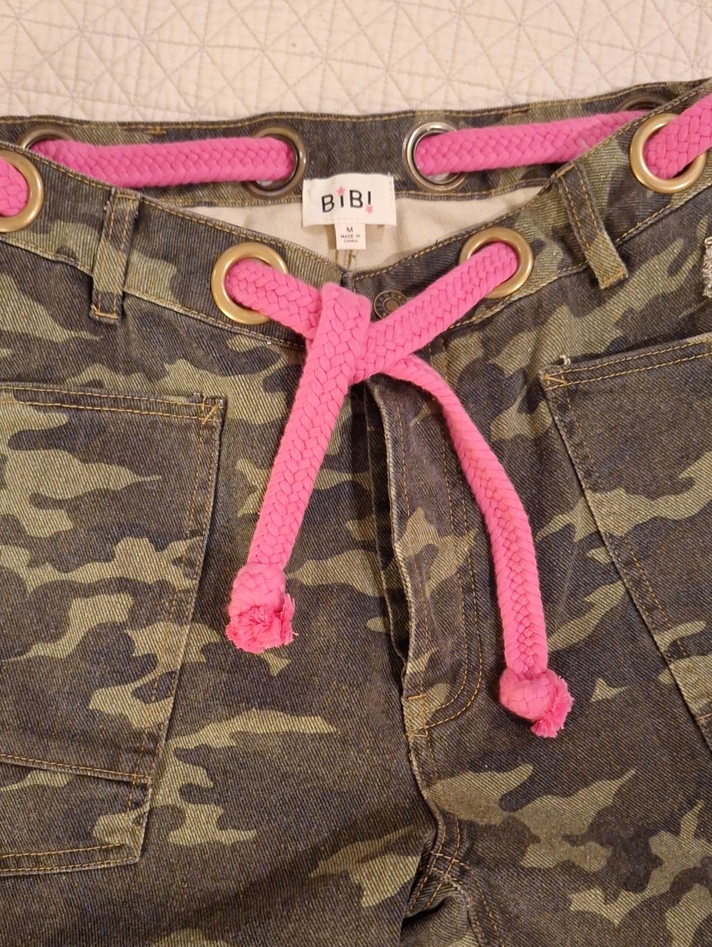 BiBi Camouflage Cargo Shorts with Pink Drawstring